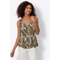 Heine Shirttop HEINE, Damen, Gr. 48, grün (khaki, ecru, bedruckt), 95% Viskose, 5% Elasthan, bedruckt, geblümt, gemustert, mehrfarbig, V-Ausschnitt, Tops Shirttop