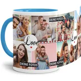 Tasse mit Spruch LOVE zum SELBSTGESTALTEN mit FOTO-COLLAGE für 8 WUNSCHFOTOS - Fototasse personalisiert - Persönliche Geschenkidee für Freunde und Familie - Innen & Henkel Hellblau