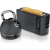 Arendo Frühstücks-Set, Wasserkocher Edelstahl 1,7l, 2 Scheiben Langschlitztoaster, Toaster 2 Scheiben, Frühstücksset, Wasserkocher Retro, 2200W... - Grau