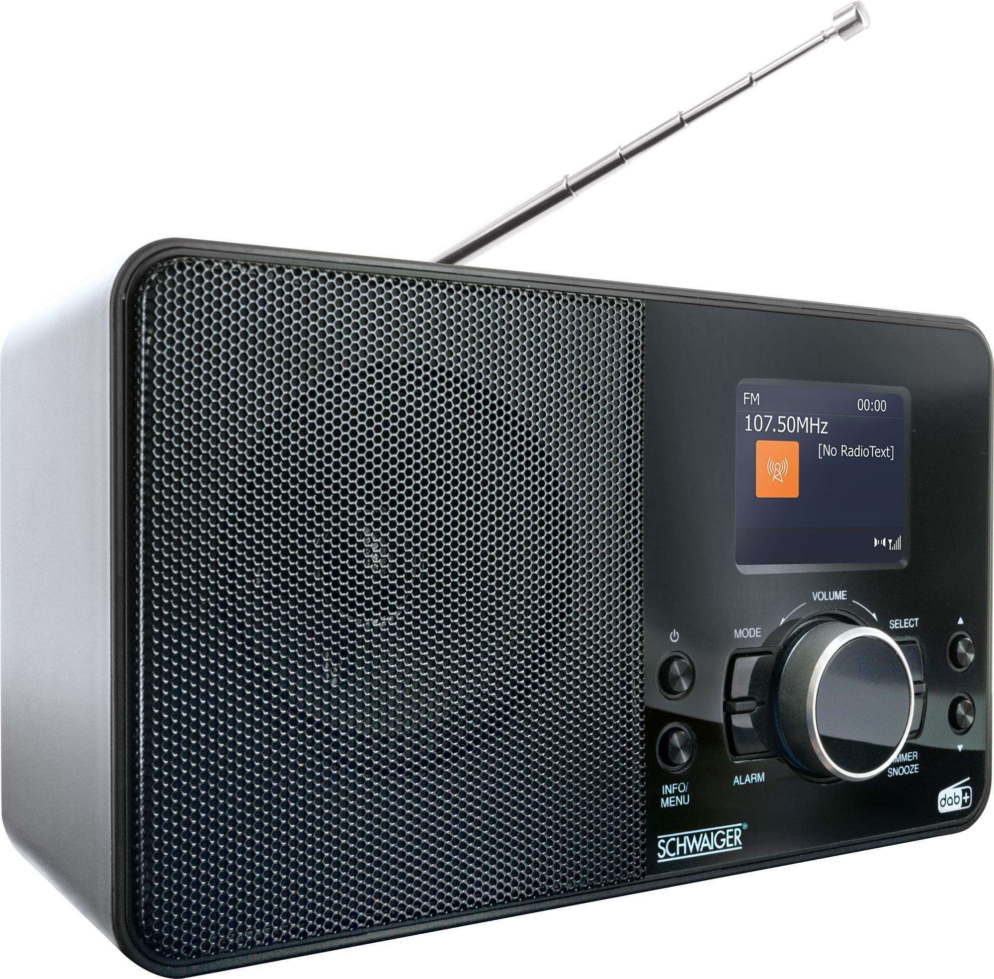 SCHWAIGER DAB400 513 Digitales Radio DAB+/FM Wecker LCD Farbdisplay Bluetooth Stereo HiFi Lautsprecher Stabantenne Netz- und Batteriebetrieb schwarz