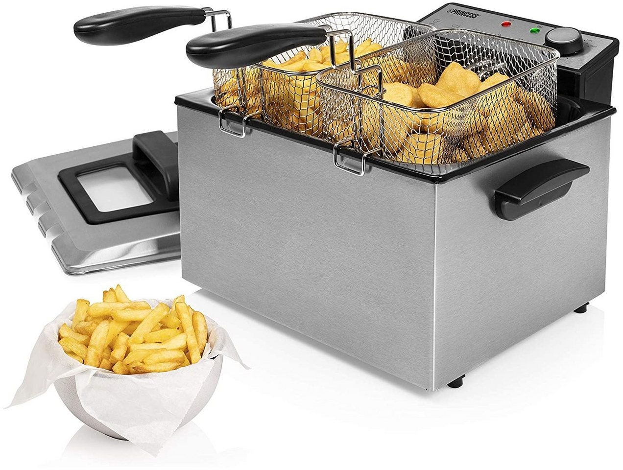 PRINCESS Kaltzonenfritteuse, 3270 W, XXL 5Ltr. Doppel-Fritteuse Pommes & Schnitzel mit Fett frittieren silberfarben