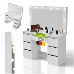 Juskys Schminktisch Lilia mit LED-Licht, 3 Farbtemperaturen & dimmbar, viel Stauraum & Spiegel – Weiß