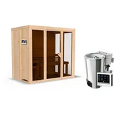 Woodfeeling Karibu Sauna Irava 3 - 68 mm Systemsauna - 230 Volt Plug & Play Bronzierte Ganzglastür Ohne Dachkranz 3,6 kW Plug&Play Bio-Kombiofen externer Steuerung Easy inkl. 8-teiligem gratis Zubehörpaket (Gesamtwert 191,92€)