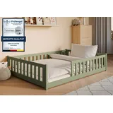 Kids Collective Bodenbett 140x200 cm mit Rausfallschutz & Lattenrost Montessori Bett Bed Gitterbett Jugendbett Einzelbett | Olivgrün weitere Größen 80x160 | Grün