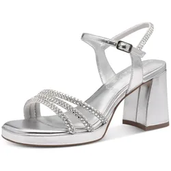 Sandalette TAMARIS, Damen, Gr. 40, silber (silberfarben), Textil, Lederimitat, glänzend, elegant, Schuhe, Blockabsatz, Abendschuh, Festtagsschuh, funkelnde Strasssteinchen