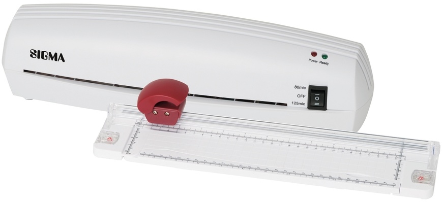 SIGMA Laminiergerät EL143 Starter Kit, Kunststoff, 32.5 x 9.2 x 9 cm, für DIN A4/A5/A6, Heißlaminierung, Laminierbreite: 230 mm, mit Trimmer, weiß