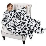 Catalonia Classy Decke mit Ärmeln und Fußtasche Geschenk für Frauen Herren, Flauschig Fleece Tragbare Kuscheldecke mit Ärmeln, Warm Decke zum Anziehen Ärmeldecke Erwachsene, 190 x 135 cm Kuh-Druck
