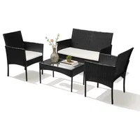 Vigevee 4-teiliges Polyrattan-Gartenmöbel-Set mit 2 Sesseln, Sofa, Glastisch und Kissen, Schwarz - Schwarz