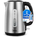 Midea Wasserkocher Edelstahl 1.7L, BPA-freier Wasserkocher, 2200W Schnellkochfunktion, Kettle mit Wasserstandsanzeige, LED-Leuchtanzeige, 360°-Basis, Trockenlaufschutz, MKE17M1ADS