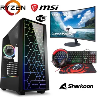 Gaming Komplett Set - Ryzen 5 5600G  6x4,4GHz - 8GB RAM - Radeon Graphics - Samsung Curved LCD LED Monitor - 4 in 1 Gaming Kit - RGB Echtglas Gehäuse