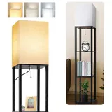 LMaxhome Stehlampe Dimmbar LED Stehleuchte H160cm aus Stoff Lampenschirme für Wohnzimmer, EU-Stecker, LED fest integriert, E27 Glühbirne, 3 Farbtemperaturen (2700K Warmweiß/5000K Weiß/4000K Naturweiß), 12W, 1000lm, Retro Standlampe mit 3 Holzregale, Leselampe, Bücherregal