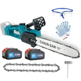 Bürstenloser Akku Kettensäge 12 Zoll, Ersatz für Makita 18V Akku,mit 2 x 5500mAh Akku und 2 Ketten, 18V Elektro Kettensäge Handkettensäge, für Gartenscheren Astschere Holzschneidenz