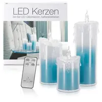 "LED Universum LED Acryl Glitzer Kerze Blau 3er Set \"Liza\" inkl. Fernbedienung und Timer"