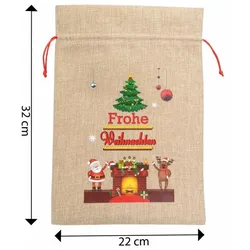 Weihnachtsgeschenksack Tannenbaum Kamin 22x32cm Jute, Weihnachtsmann Rentier