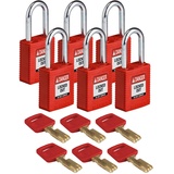 Brady (NYL-RED-38ST-KD6PK) SafeKey Nylon Lockout-Vorhängeschloss Mit Stahl Bügel 38.00 mm Rot KD - Verschiedenschließende Schlösser 6 Stück