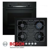 Bosch Gasherd-Set Gas Herdset Autark Elektro Backofen Schwarz + GAS Glaskeramik Kochfeld, mit 1-fach-Teleskopauszug schwarz