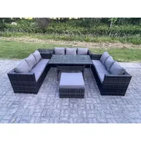 Fimous 10 Sitzer Outdoor Polyrattan Gartenmöbel Sofa Set Terrassen Rechteckiger Esstisch Mit Großer Fußhocker Beistelltisch Dunkelgrau Gemischt