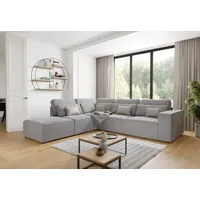 s-style möbel - Margarete - Modulare Ecksofa in Hellgrau Samt-Stoff mit Rücken und Lendenkissen, B/T/H: 305 cm / 281 cm / 90 cm, Ottomane links - Grau