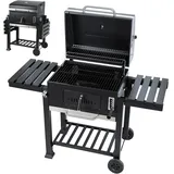 Randaco Holzkohlegrill, Smoker Mit Zwei Klappbaren Seitenablagen, Bbq Grillwagen, Standgrill Mit Temperaturanzeige