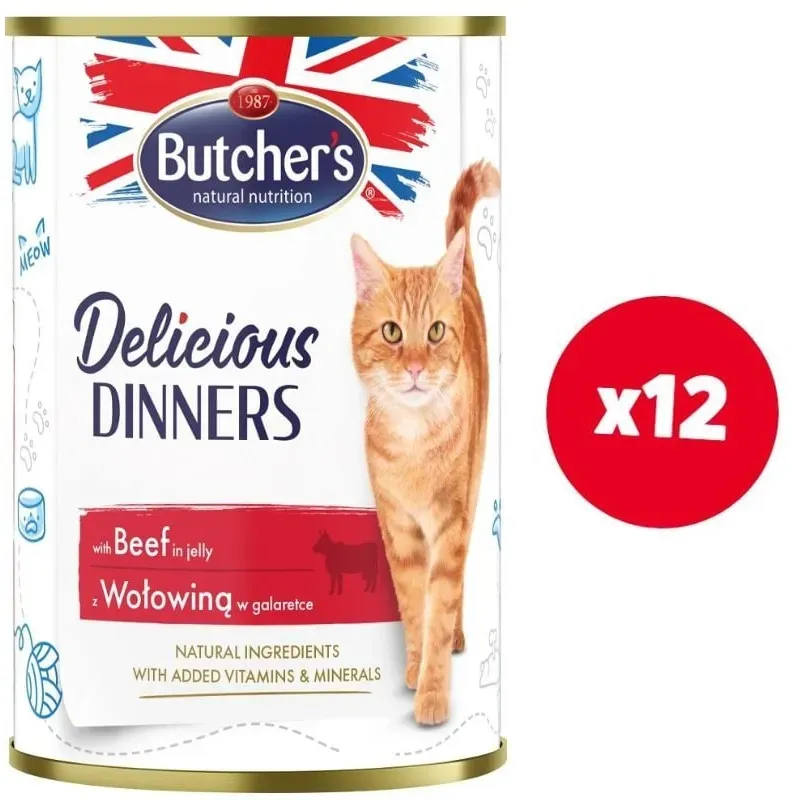 BUTCHER'S Delicious Dinners, Katzenfutter, Stücke mit Rindfleisch in Gelee 12x400g