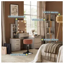 Vicco Schminktisch Conrada Weiß Sonoma Schminkspiegel 80x132 modern LED Beleuchtung Schlafzimmerkommode Schminkkommode Schublade Spiegelschrank Frisierkommode Make-Up-Tisch