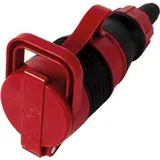 REV Ritter Profi Schutzkontakt-Kupplung mit selbstschließendem Klappdeckel, spritzwassergeschützt (IP44), Polycarbonat-Gummi-Gehäuse, rot-schwarz (0019221000)