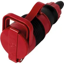 REV Ritter Profi Schutzkontakt-Kupplung mit selbstschließendem Klappdeckel, spritzwassergeschützt (IP44), Polycarbonat-Gummi-Gehäuse, rot-schwarz (0019221000)