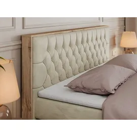 MKS Meble King Boxspringbett 180x200 mit Bettkasten Eiche, Polsterbett 180x200 mit Matratze H3, Bett 180x200 mit Kopfteil, Bett mit Holzrahmen in W... - Beige