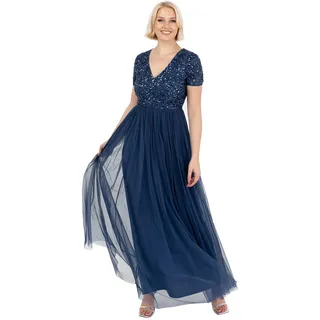 Maya Deluxe Damen Ballkleid Abendkleid V-Ausschnitt Maxi Länge Pailletten Kurze Ärmel für Hochzeit Geburtstag Brautjungfer Brautjungfernkleid, French Navy, 56
