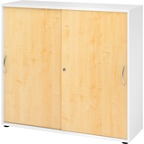 bümö Schiebetürenschrank "3OH" - Aktenschrank abschließbar, Sideboard Schrank mit Schiebetüren in Weiß/Ahorn - Büroschrank aus Holz mit Schiebetür,