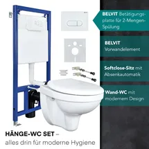 Belvit Hänge Wand WC mit Spülkasten, Vorwandelement, Schallschutz und Betätigungsplatte Komplett-Set