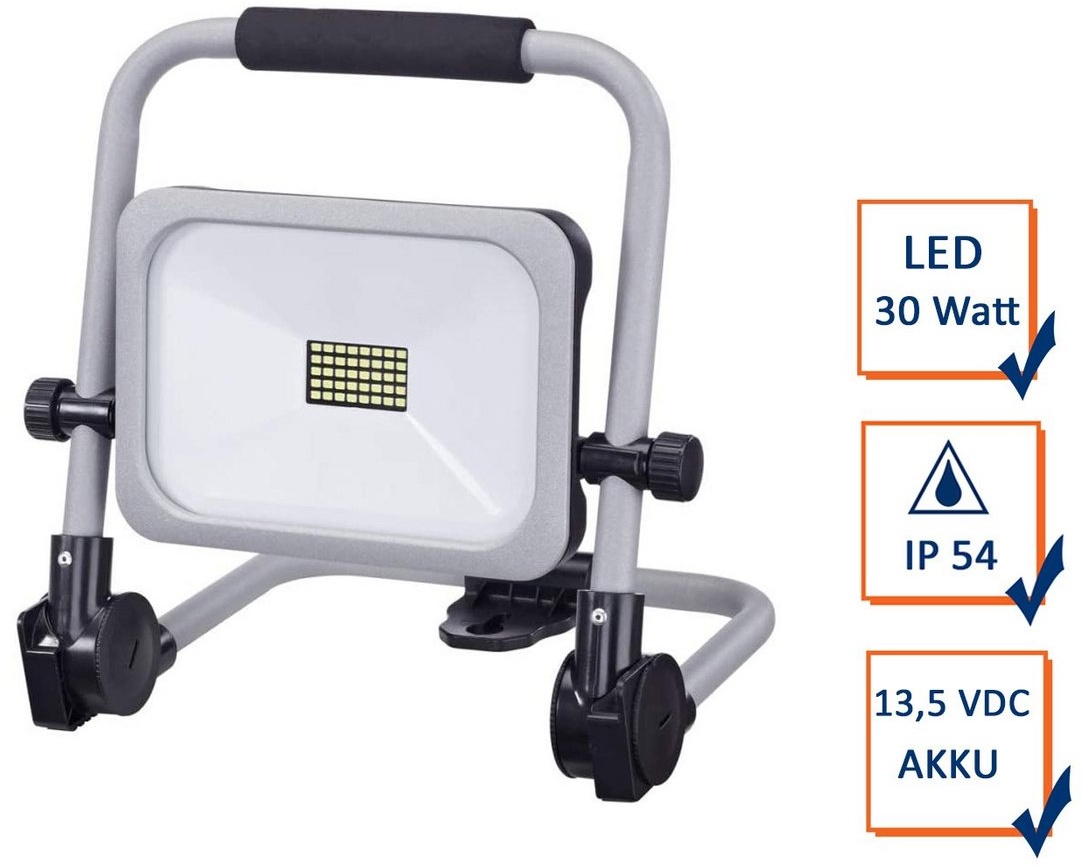 REV Baustrahler, LED fest integriert, Tageslichtweiß, Werkstattlampe mit AKKU, Arbeitslampe Handlampe Baulampe IP 54 schwarz|silberfarben eckig - 22 cm x 29 cm