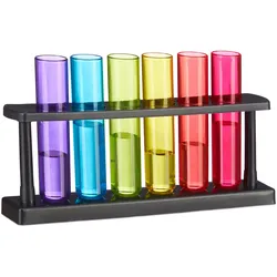 Relaxdays Reagenzgläser Shotgläser, 6 witzige Schnapsgläser mit Ständer, 4 cl, Test Tubes für Shots, Kunststoff, bunt