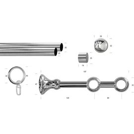 GARESA Gardinenstange Andrea grau (chromfarben), L:250cm Ø:20mm, Metall, Gardinenstangen, Vorhanggarnitur, verlängerbar, Endknopf Kugel kurz, mit Ringen