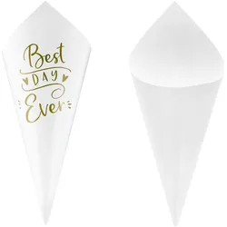 10 Konfetti Tüten Hochzeit 16cm Spitztüten Papier Best Day Ever Aufschrift Kegel für Hochzeitskonfetti Blumenkonfetti Hochzeitsdeko Zubehör Weiß Gold