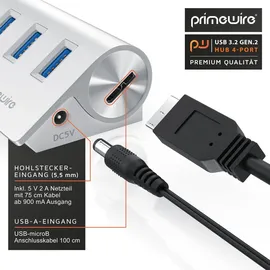 Primewire - USB 3.2 Gen2 Hub aktiv inkl. Netzteil - 4 Port Hub/Verteiler – für Notebook, Laptop, PC, kompatibel mit iMac, MacBook (Air, Pro, Mini)