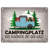 Trendaffe Campingplatz Metallschild in grau mit Wohnwagen Motiv Wohnmobil