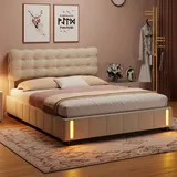 ProximaX Polsterbett 140x200 cm mit LED Sensorlicht, Boxspringbett mit Lattenrost und Stauraum, Samt, Beige - Beige