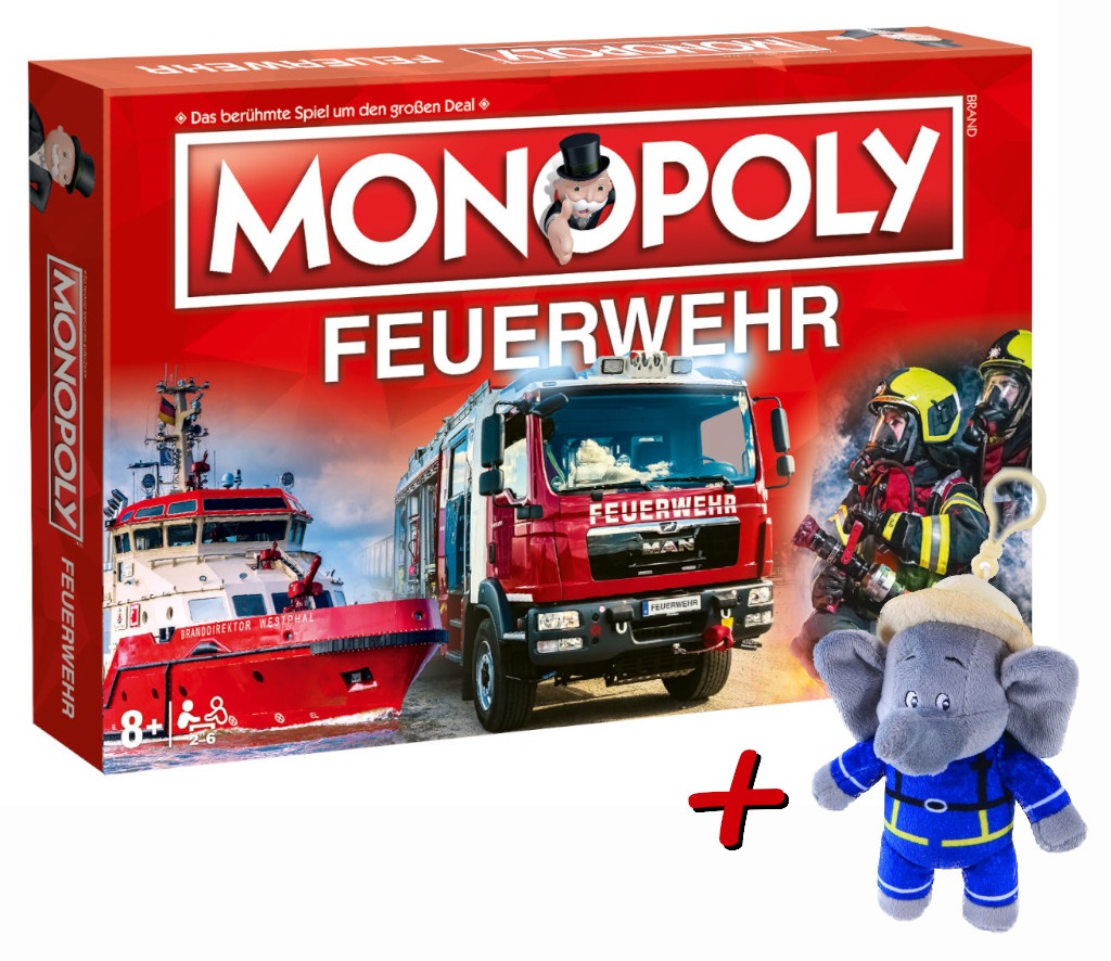 Monopoly Feuerwehr 2021 + Plüschfigur Benjamin Blümchen Feuerwehrmann mit Sound (15cm)