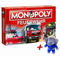 Monopoly Feuerwehr 2021 + Plüschfigur Benjamin Blümchen Feuerwehrmann mit Sound (15cm)