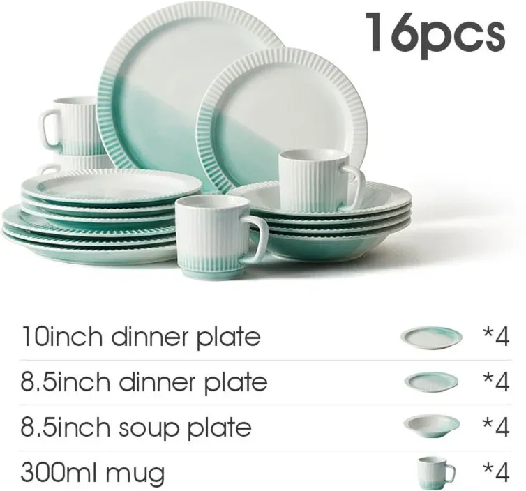 JIWOO Collins Geschirr-Set 16-teilig Gradient Grün,(4 Stück 8,5-Zoll-Suppenteller + 4 Stück 8,5-Zoll-Essteller + 4 Stück 10-Zoll-Essteller + 4 Stück Becher) Spülmaschinen- und mikrowellengeeignet
