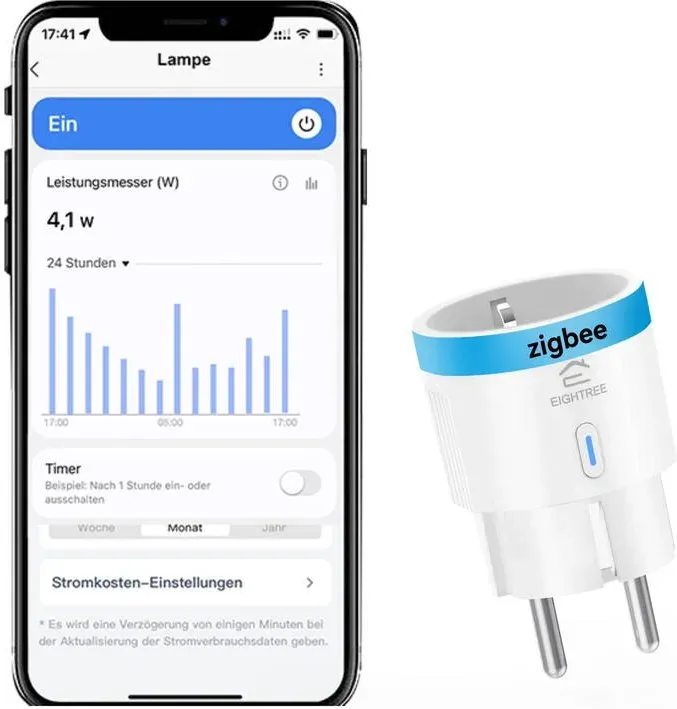 EIGHTREE Zigbee Steckdose mit Strommessung, Sprachsteuerung, Zeitplan & Timer, Zigbee Hub erforderlich, kompatibel mit Home Assistant, Hubiat, SmartThings & Alexa, 16A, 1er Pack