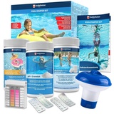 Veddelholzer Garten Veddelholzer 5 in 1 Pool Reinigungsset-Poolreiniger, Tester pH, pH Minus Granulat, Chlortabletten für Pool 20g, Chlorgranulat, Skimmer zur Poolpflege mit Anleitung Perfekte Pool & Whirpool Reinigung