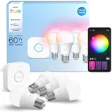 Philips Hue Essential Starter-Set: Bridge + 4 Essential E27 Smart Leuchtmittel, White und Color Ambiance LED Licht, 2200-6500K, dimmbare LED Lampen, funktioniert mit diversen Sprachassistenten