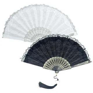 APOMOONS Vintage Spitzenfächer 2 Stück Fächer Spitze Fächerrippe Spitze Faltfächer mit Anhänger Handfächer Spitze für Schauspiel Tanz Fecher Damen für Abschlussball Party Hochzeit (Schwarz, Weiß)