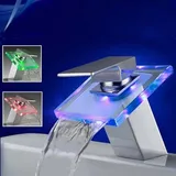 Küchenarmatur LED RGB Glas Wasserfall Wasserhahn Beleuchteter Waschtisch Wasserhahn Einzigartig gestalteter Wasserhahn,leicht zu reinigen und zu w...