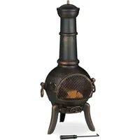 Terrassenofen, Mit Funkenschutz, Schürhaken, Feuerrost, Zugluftklappe, Gartenkamin Gusseisen, Stahl, Bronze - Relaxdays