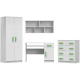 Deine Möbel 24 Jugendzimmer-Set INGE III in Weiß / Weiß + Grau / Weiß + Eiche Sonoma ; 4-teilig, (Kleiderschrank Kommode Wandregal Schreibtisch, 4-tlg., Sonoma Eiche Grau), Kinderzimmer Set Weiß Griffe Rosa Blau Grün Grau aus Laminatplatte weiß