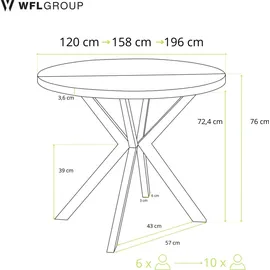 WFL GROUP Runder Ausziehbarer Esstisch - Loft Style Tisch mit Weißen Metallbeinen - 120 bis 200 cm - Industrieller Tisch für Wohnzimmer - Kompakt - 120 cm ... - Weiß