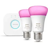 Philips Hue White and Color ambiance Starter-Set: E27 - Smarte Lampe A60 Doppelpack, Set für intelligente Beleuchtung, Bluetooth/Zigbee, Weiß, LE...